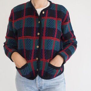 Vintage Tally Ho Plaid Cardigan 80s Preppy Old Money Grandmacore Cozy Knit S
